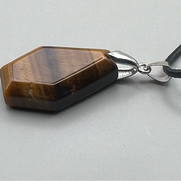 New Tigers Eye Stone Shaped Coffin Pendant Necklace with Cord - Picture 3 of 5